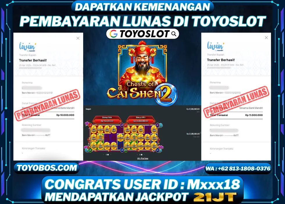 TOYOSLOT - BUKTI KEMENANGAN Chests Of Cai Shen 2 Rp21,000,000,- LUNAS